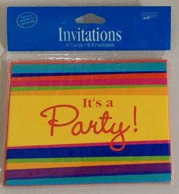 It's A Party! Colorful Stripes Invitations 8 Cards & Envelopes New - Image 1 of 2