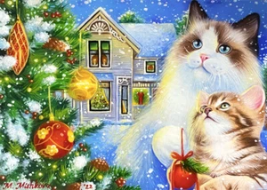 Edición Limitada IMPRESIÓN ACEO Gato Gatito Árbol de Navidad Adornos Lindo M. Mishkova - Imagen 1 de 1