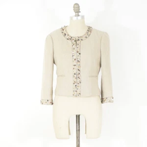 BCBG Max Azria Chaqueta Beige Lino Lona Pulida Piedra Cuentas Bolero Recortado  - Imagen 1 de 6