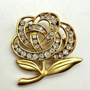 Vintage Gold Tone Flower Brooch With Clear Rhinestones-1.5” Wide x 1.75” Long - Picture 1 of 5