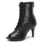 Women Latin Dance Boot Open Toe Lace Up Stiletto Shoes Girl Suede Sole High Heel