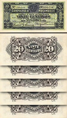 Mozambique 20 Centavos 1933, AUNC UNC, 5 Pcs LOT,  P-R29, Perforated - Image 1 of 4