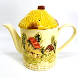 VTG  MARKS & ROSENFELD TEAPOT W. THATCH ROOF LID BARN FARM COTTAGE RUSTIC SCENE - Picture 1 of 11