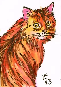 Pequeña tarjeta de arte coleccionable gato atigrado pintura en miniatura felina artesanal - Imagen 1 de 3