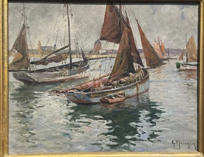 BATEAUX DE PECHE A CAMARET signé MARONIEZ tableau peinture mer marine BRETAGNE - Photo 1/4