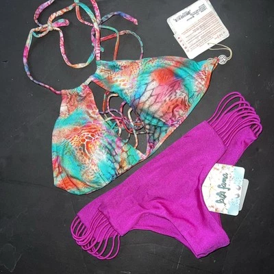 LULI FAMA M BIKINI LIBERTAD TORNASOL Fuchsia PINK TEAL GREEN animal snake print - Image 1 of 3