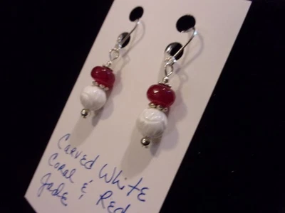 Brincos de alavanca de jade vermelha e coral esculpidos em branco natural 925 - Imagem 1 de 4