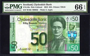 Scotland 50 Pounds 2015 LOW Serial 000034 P-NEW GEM UNC PMG 66 EPQ - Picture 1 of 2