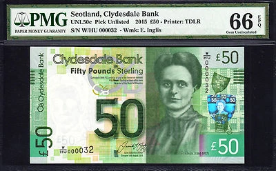 Scotland 50 Pounds 2015 LOW Serial 000034 P-NEW GEM UNC PMG 66 EPQ - Image 1 of 2