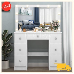 Dressing Table With 7 Drawers and 11 LED Hollywood Mirror Set Makeup Desk Vanity - Picture 1 of 10