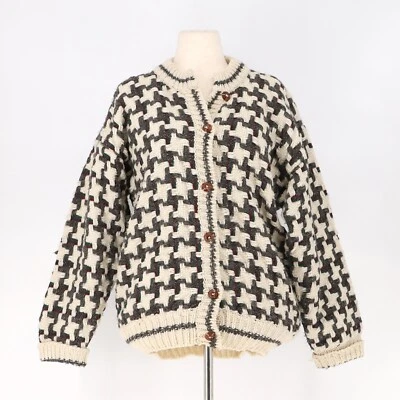 VINTAGE Women's Thick Knit Basketweave Button Front Cardigan Sweater Cream Brown - Image 1 of 4