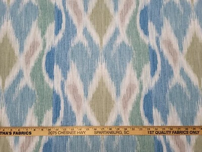 P Kaufmann BERGAMA IKAT ALOE Blue Green White Abstract Stripe Drapery Uph Fabric - Image 1 of 4