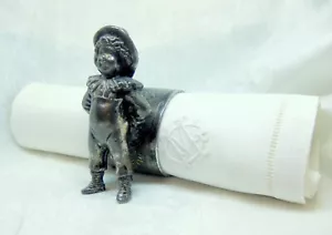 Antique silver plated figural NAPKIN RING Kate Greenaway Boy in hat & ruffles - Picture 1 of 12