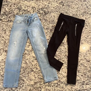 2 Pair Size 6 Girls Justice Destressed Light wash Jeans & Black Leggings - Picture 1 of 7