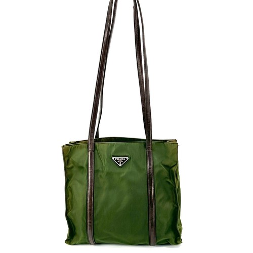Borsa a tracolla Prada Tote Bag Nylon Pelle Verde Cachi Autentica