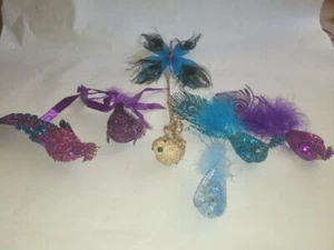7 Clip On Birds Ornaments Purple Blue Sequins Beaded Glitter Butterfly Peacocks - Picture 1 of 24