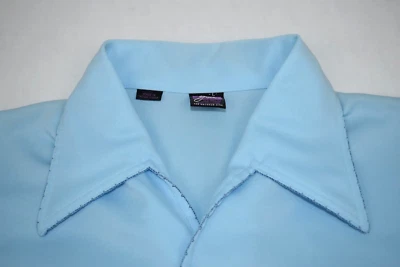 Casual Shirt VTG Joel 70s Blue Cream Stitch Trim Poly Shirt M/M Cobain Special - Image 1 of 4