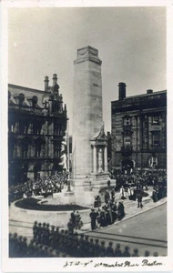 REAL PHOTO POSTCARD OF A MILITARY PARADE AT PRESTON WAR MEMORIAL, LANCASHIRE 1 - Picture 1 of 2