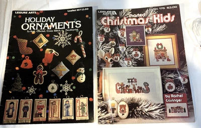Vintage Leisure Arts Christmas Cross Stitch Patterns 2 Leaflets Kids Ornaments - Image 1 of 4