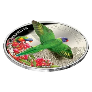 Moneda de plata lorikeet arco iris 2015 de 5 dólares Islas Cook World of Parrots - Imagen 1 de 6