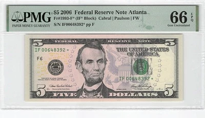 United States 5 Dollars 2006 Fr-1993-F* Star Note PMG 66 EPQ - Image 1 of 2