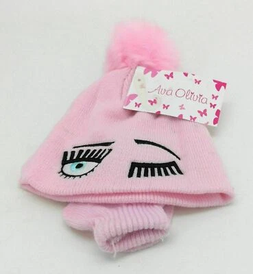 Ava Oliva Childrens Winter Hat with Gloves Pink Beanie 0-12 Months - Image 1 of 4