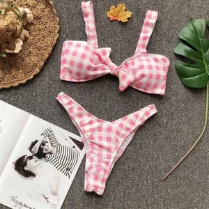 Damen Badeanzug Kariert Bikini Karomuster Weiß Rosa Brasilianisch - Bild 1 von 4