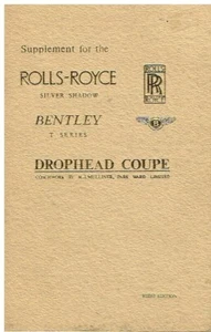 ROLLS-ROYCE S.SHADOW/BENTLEY T-SERIES MPW CONVERTIBLE OWNERS HANDBOOK SUPPLEMENT - Picture 1 of 1
