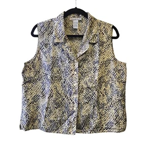 Vintage Womens Sleeveless Button-Up Blouse L 100% Silk Snakeskin Print Beige & B - Picture 1 of 11