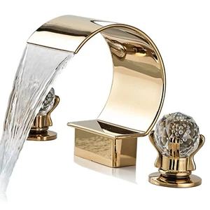 Gold Waterfall Bathroom Faucet 3 Hole Widespread Sink Basin Mixer Taps 2 Handle - Picture 1 of 8