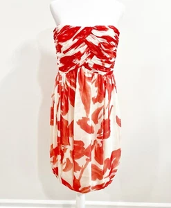Carmen Marc Valvo Strapless Corset Sheath Dress L 10 Red Poppy Ivory Silk Lined - Picture 1 of 19