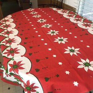 Poinsetta & Hearts Red and Green Christmas Holiday Tablecloth