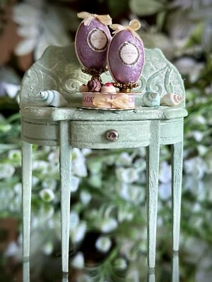 Dolls House Half-Moon Painted Table 1:12 Handmade Artisan Ladurée Easter Display - Image 1 of 4