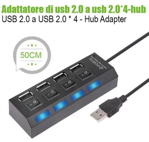 HUB USB 2.0 INTERFACCIA 4 PORTE DI ESPANSIONE MULTIPLA ESTERNO INTERRUTTORE - Immagine 1 di 1