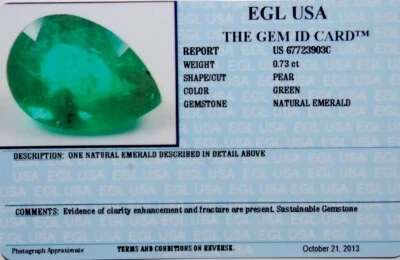EGL USA TESTED&CERTIFIED NATURAL PEAR GREEN EMERALD 0.73CT - Image 1 of 4