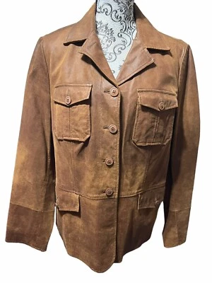 Villager By Liz Claiborne Women’s 16 Leather Button Front Lined Tan Chore Coat - Image 1 of 4