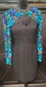 VTG Nite Line Sequin Dress Womens 6P Black Peacock Beaded Formal Evening City - Picture 1 of 24