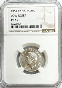 1951 SILVER CANADA 25 CENTS KING GEORGE VI COIN LOW RELIEF NGC PROOF LIKE 65 - Picture 1 of 2