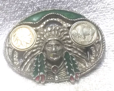 Native America With Buffalo Nickel On Sides Cut Out Buckle Enamel Trim USA Rare - Image 1 of 4