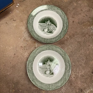 2 Vintage Royal China The Old Curiosity Shop Green Rimmed Soup Bowls 8 3/8" - Picture 1 of 10