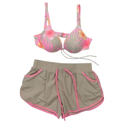 Y2k Cocorave Neon Pink Tropical Bikini Top & Swim Shorts Medium Floral Hibiscus - Image 1 of 4