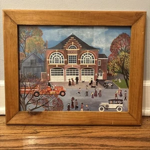 Vintage REGI KLEIN American Folk Art Firehouse Scene Matted Frame Print 17 x 14 - Picture 1 of 11
