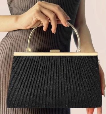 Womens Black Pleated Gold Metal Decor Square Bag Clutch Chain Top Handle Wedding - Image 1 of 4