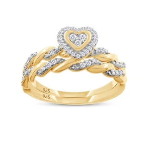 1/5ct Natural Diamond Heart Promise Bridal Ring Set 14K Gold Plated 925 Silver - Picture 1 of 14