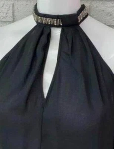 LADIES BOLD ELEMENTS SMALL~BLACK~COLD SHOULDER BLOUSE~LONG SLEEVE~BEADED CHOKER~ - Picture 1 of 4