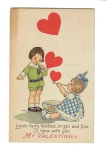 Vintage MEP Valentines Postcard Children Blowing Heart Bubbles - Imagen 1 de 2