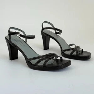 Vtg 90s Unisa Black Sandals Sz 8 Strappy Leather Block Heel Y2K Minimalist - Picture 1 of 9
