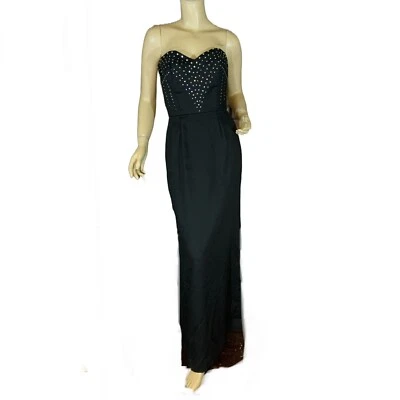 WOMEN'S VINTAGE 1980'S VICTOR COSTA BLACK STRAPLESS RHINESTONE FORMAL DRESS SZ 6 - Image 1 of 4