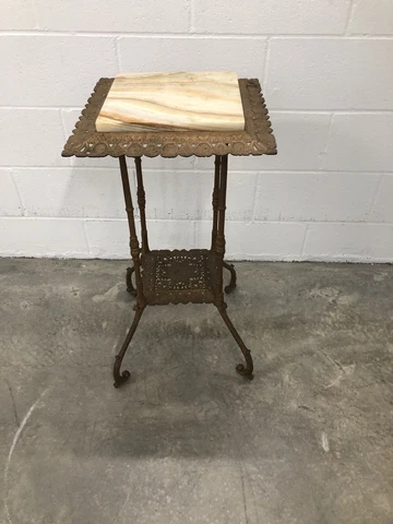 Antique Victorian 2-Tier Gold Gilt Iron, Brass & Marble Plant Stand Table 31” Cover