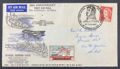 1967 50th Anniversary 1st Airmail Flight Cover Mt Gambier-Melbourne + Cinderella - image 1 of 2